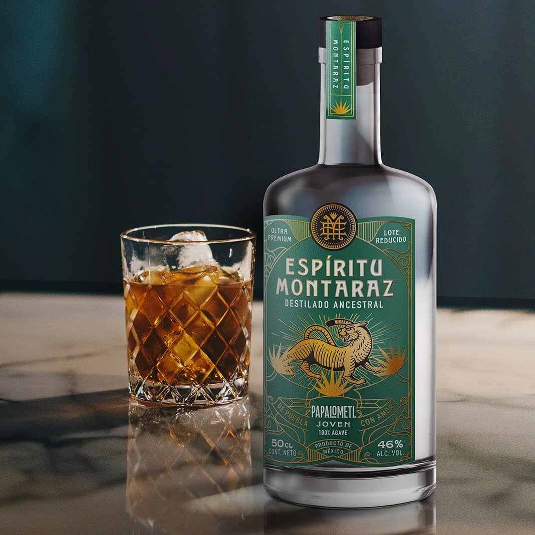 Bottle of our mezcal and a Mezcal Cocktail made with Papalometl Esperanza Ancestral Mezcal Espiritu Montaraz